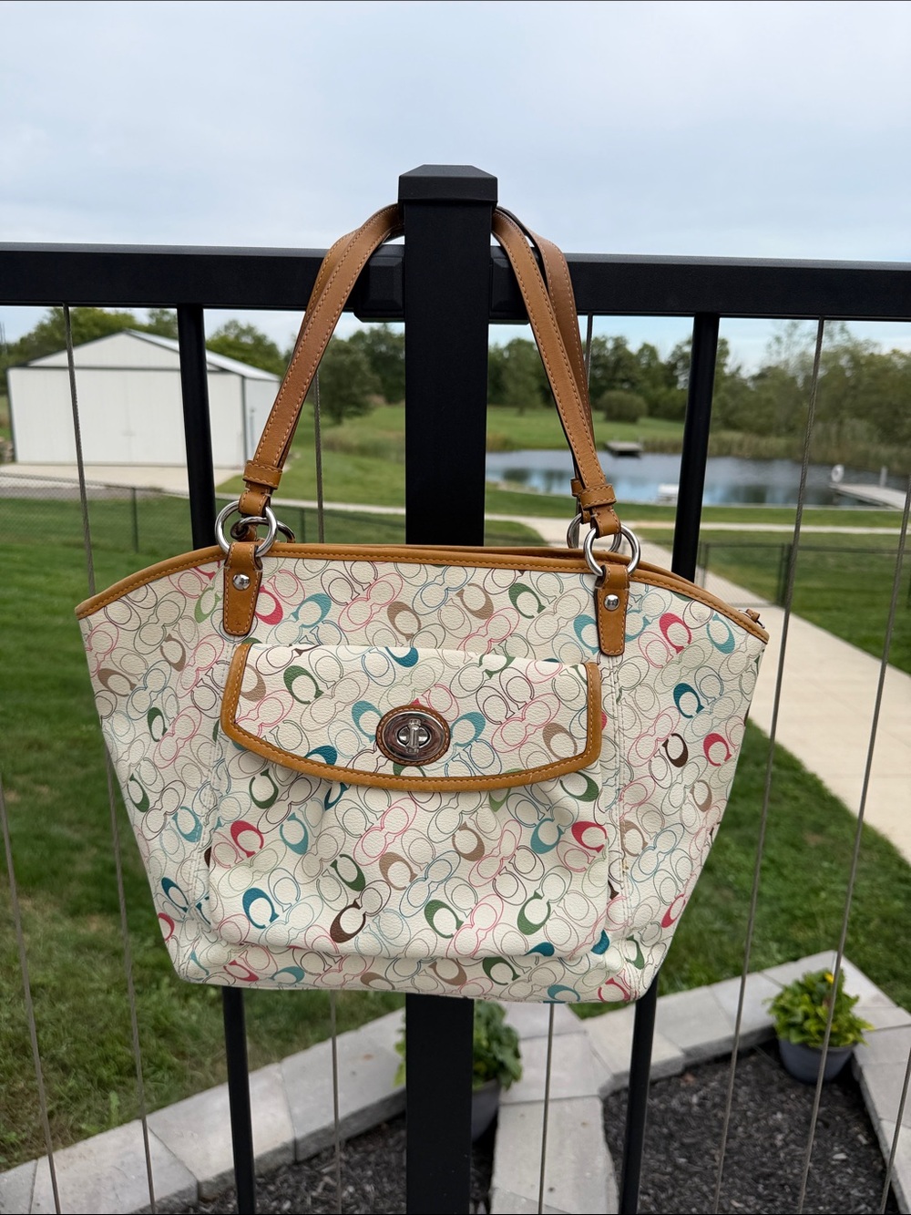 Coach Chelsea Multicolor Signature Canvas Tote with Tan Leather Trim